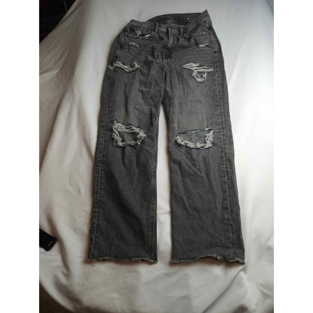 American Eagle Distressed Wide Leg Jeans Black Frayed Hem Size 6 Womens